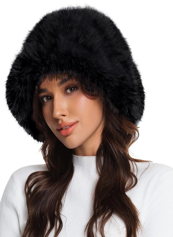 Doyesiee Faux Fur Bucket Hat for Women, Wide Brim Adjustable Fuzzy Fisherman Cap Long Pile Fluffy Winter Fashion Hat (US, Alpha, One Size, Medium, Black) - Image 1